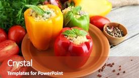  Presentation with peppers - Colorful slides enhanced with composition with stuffed peppers on plate and fresh herbs spices and vegetables on wooden background backdrop and a tawny brown colored foreground