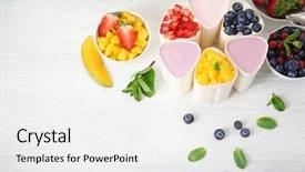  Presentation with yogurt - PPT theme consisting of composition with tasty homemade yogurt and ingredients on light wooden table background and a white colored foreground
