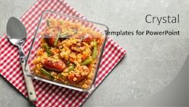  Presentation with sausages - Beautiful theme featuring composition with tasty lentil porridge sausages and vegetables on grey table backdrop and a light gray colored foreground