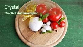  Presentation with mozzarella cheese - PPT theme with composition with tasty mozzarella cheese balls basil and red tomatoes olive oil on cutting board on color wooden background background and a ocean colored foreground