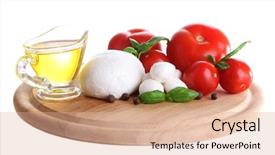  Presentation with mozzarella cheese - Presentation theme consisting of composition with tasty mozzarella cheese balls basil and red tomatoes olive oil on cutting board isolated on white background and a coral colored foreground