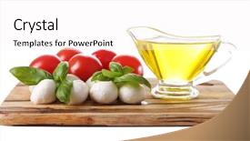  Presentation with mozzarella cheese - Amazing slide set having composition with tasty mozzarella cheese balls basil and red tomatoes olive oil on cutting board isolated on white backdrop and a white colored foreground