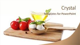  Presentation with mozzarella cheese - Audience pleasing slide set consisting of composition with tasty mozzarella cheese balls basil and red tomatoes olive oil on cutting board isolated on white backdrop and a cream colored foreground
