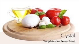  Presentation with mozzarella cheese - Amazing presentation theme having composition with tasty mozzarella cheese balls basil and red tomatoes olive oil on cutting board isolated on white backdrop and a lemonade colored foreground