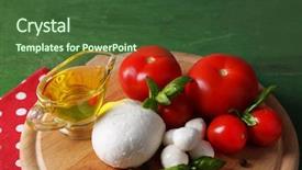  Presentation with mozzarella cheese - Presentation theme featuring composition with tasty mozzarella cheese balls basil and red tomatoes olive oil on cutting board on color wooden background background and a tawny brown colored foreground