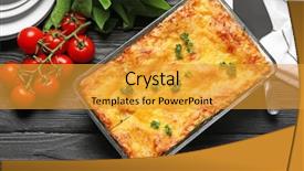  Presentation with company composition - Colorful slide deck enhanced with composition with tasty spinach lasagna backdrop and a gold colored foreground