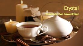  Presentation with tea cup - PPT layouts featuring composition with tea in cup and teapot and candles on table on wooden background background and a tawny brown colored foreground