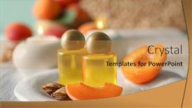  Presentation with apricot - Beautiful PPT theme featuring composition with two bottles of apricot kernel oil on table backdrop and a gold colored foreground