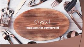  Presentation with kitchen utensils - PPT theme featuring composition with various kitchen utensils on wooden background background and a coral colored foreground