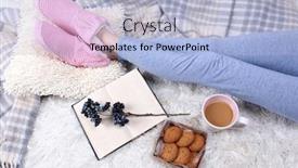  Presentation with carpet - Slide set featuring composition with warm plaid book cup of hot drink and female legs on color carpet background background and a light blue colored foreground