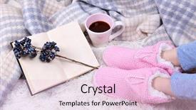  Presentation with carpet - Slide set with composition with warm plaid book cup of hot drink and female legs on color carpet background background and a lemonade colored foreground