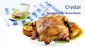  Presentation with roasted chicken - Cool new slides with composition with whole roasted chicken with vegetables color napkin on plate isolated on white backdrop and a sky blue colored foreground