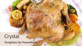  Presentation with roasted chicken - Colorful presentation theme enhanced with composition with whole roasted chicken with vegetables color napkin on plate isolated on white backdrop and a yellow colored foreground