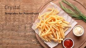  Presentation with french fries - Slide set enhanced with composition with yummy french fries on wooden background background and a coral colored foreground