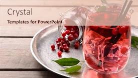  Presentation with currant - Colorful slide set enhanced with compote with red currant in glassware on metal tray on wooden table closeup backdrop and a lemonade colored foreground