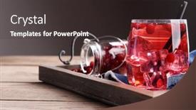  Presentation with currant - Presentation design with compote with red currant on tray on wooden table on dark background background and a dark gray colored foreground