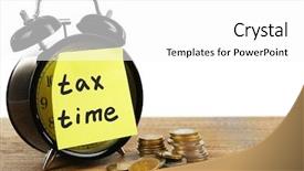  Presentation with alarm - Colorful presentation enhanced with tax time on alarm clock and coins on table backdrop and a white colored foreground