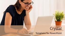  Presentation with pink home office - Colorful presentation theme enhanced with computacion - portrait of a happy businesswoman backdrop and a  colored foreground