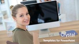  Presentation with student - Colorful slide deck enhanced with computacion - portrait of student girl sitting backdrop and a coral colored foreground