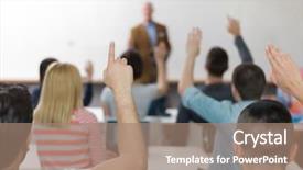  Presentation with group of students raising hands - Theme enhanced with computacion - senior teacher teaching lessons smart background and a coral colored foreground