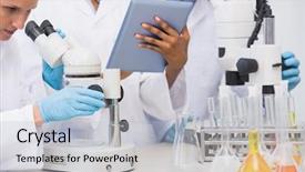  Presentation with computational biology - Audience pleasing slides consisting of computational biology - scientists working with microscope backdrop and a light gray colored foreground