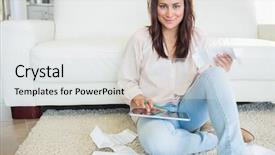  Presentation with bills - Colorful theme enhanced with computational calculations - brunette calculating bills backdrop and a light gray colored foreground