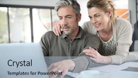  Presentation with internet - Presentation design featuring computational calculations - couple calculating financial savings background and a light blue colored foreground