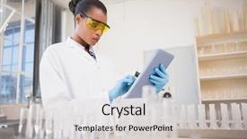  Presentation with chemistry tablet - Amazing PPT theme having computational chemistry - concentrated scientist working with tablet backdrop and a light gray colored foreground