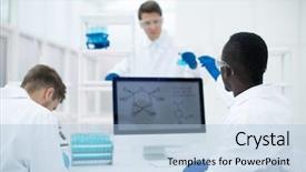  Presentation with computational chemistry - Slide deck consisting of computational chemistry - group of scientists working background and a light blue colored foreground