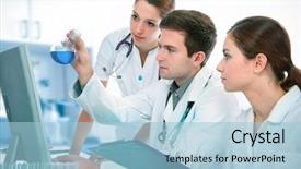  Presentation with research - Amazing presentation theme having computational chemistry - group of young clinicians experimentation backdrop and a light blue colored foreground