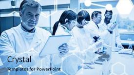  Presentation with chemist - Audience pleasing presentation design consisting of computational chemistry - science graphic against smiling chemist backdrop and a light blue colored foreground