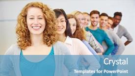  Presentation with group - Audience pleasing slides consisting of helping others - group of many happy teenager backdrop and a teal colored foreground