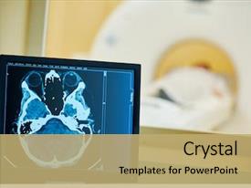  Presentation with brain - Cool new PPT theme with computed tomography display with brain backdrop and a coral colored foreground