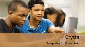  Presentation with college students - Slide set featuring computer - african college students using laptop background and a coral colored foreground