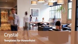  Presentation with busy work - Beautiful slides featuring computer - business people at work backdrop and a coral colored foreground