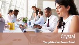  Presentation with busy - Presentation design featuring computer - businesswoman working on laptop background and a coral colored foreground