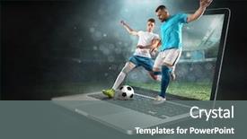  Presentation with football lights - Colorful slides enhanced with computer - caucassian soccer players in dynamic backdrop and a gray colored foreground