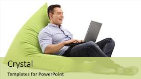  Presentation with young man holdng laptop on lap money - Cool new PPT layouts with computer - cheerful man working on laptop backdrop and a yellow colored foreground