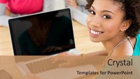  Presentation with student - Theme having computer - close-up of happy student working background and a coral colored foreground