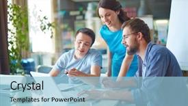  Presentation with data meeting - Presentation having computer - group of three successful business background and a light blue colored foreground