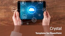  Presentation with storage - Theme consisting of computer - hand touching tablet with cloud background and a tawny brown colored foreground