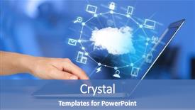  Presentation with new technology - Slide deck having computer - hand working with a cloud background and a teal colored foreground