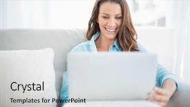  Presentation with happy sad masks - Beautiful PPT theme featuring computer - happy pretty woman using laptop backdrop and a light gray colored foreground