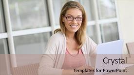  Presentation with free aging at home - Theme consisting of computer - middle-aged woman working from home background and a coral colored foreground