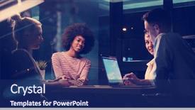  Presentation with team meeting - Presentation design enhanced with computer - multiethnic startup business team background and a navy blue colored foreground