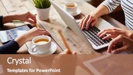  Presentation with different - Presentation theme consisting of computer - people using different devices background and a coral colored foreground