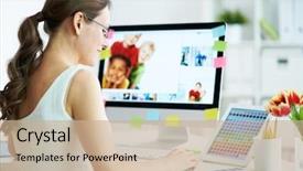  Presentation with pretty female military - Colorful slide set enhanced with computer - portrait of pretty female designer backdrop and a coral colored foreground