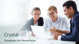  Presentation with laptop - Colorful presentation enhanced with computer - portrait of smart business partners backdrop and a sky blue colored foreground