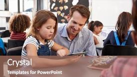  Presentation with teacher - Slide set with computer - teacher and young schoolgirl using background and a coral colored foreground