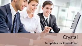  Presentation with young business people - Slides having computer - young business people discuss background and a coral colored foreground